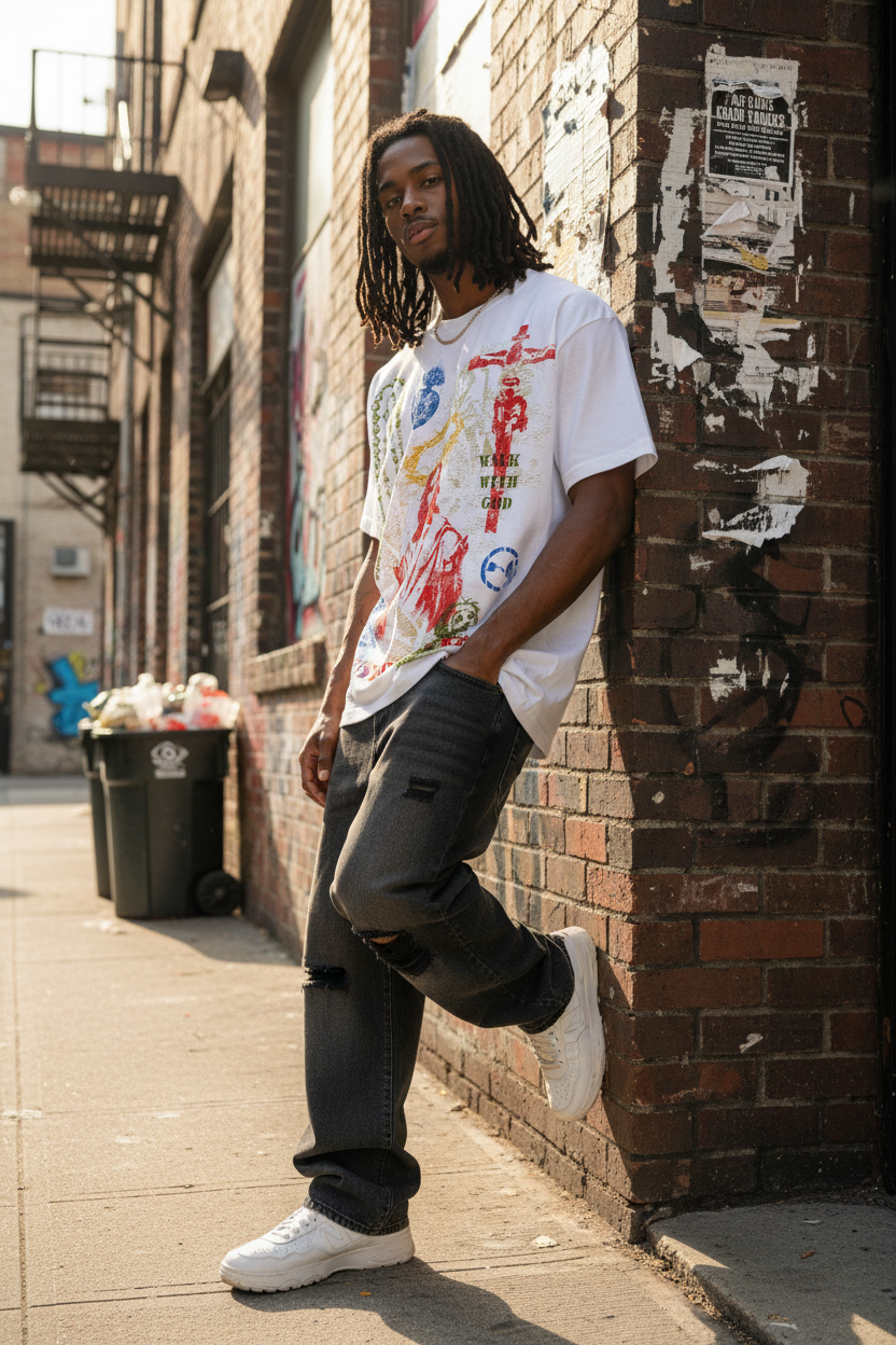 White T-shirt with colorful "Trust God's plan" screen print