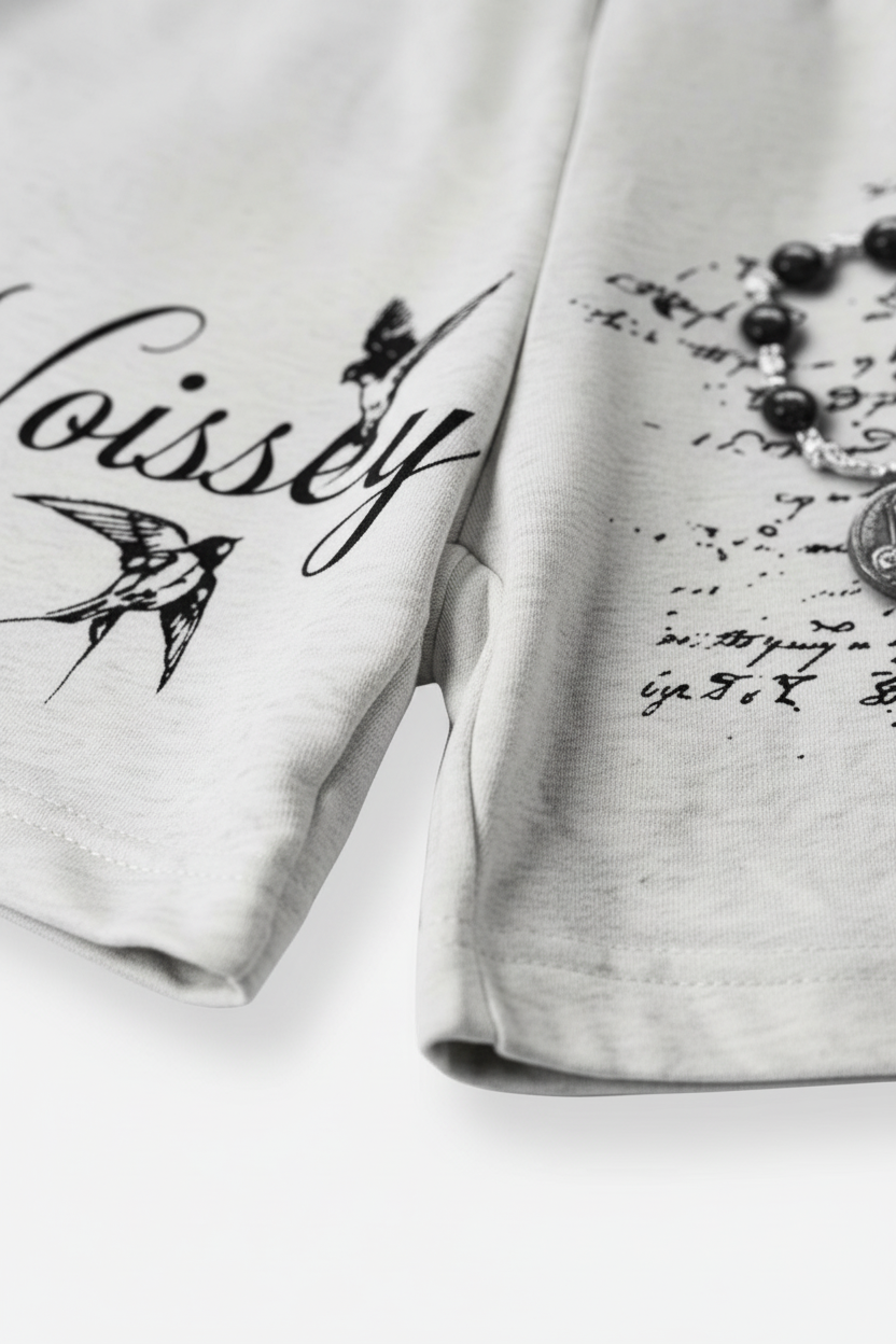 NOISSEY "Spiritual Ascent" Angel & Rosary Graphic Wide-Leg Shorts - Heather Gray
