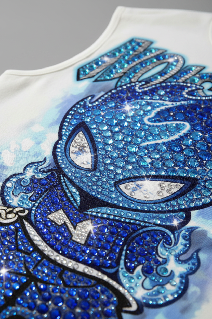 NOISSEY "Blue Ice Flame" Iced-Out Character Tank Top - Heavyweight White