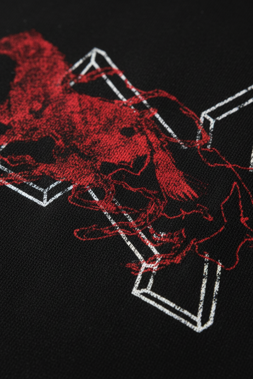 NOISSEY "Chrono Geometry" Overlapping Crimson Outlined Horse Geometric Oversized Tee